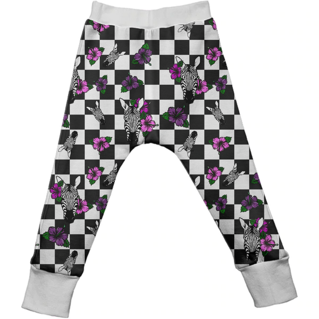 Checkered Floral Zebra Pattern Kids Pants