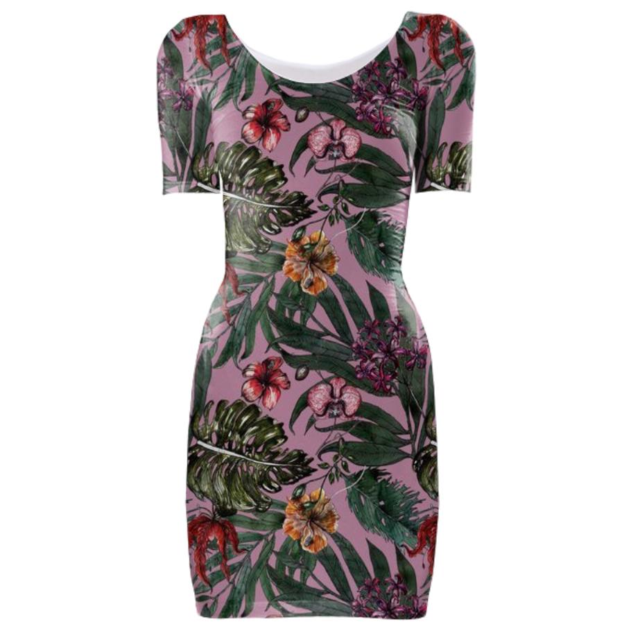 Tropical Print Bodycon Dress Soft Pink
