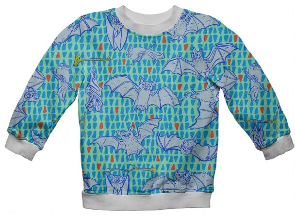 PAOM, Print All Over Me, digital print, design, fashion, style, collaboration, muffybrandt, Kids Sweatshirt, Kids-Sweatshirt, KidsSweatshirt, Kid, Blue, Happy, Bats, Mint, and, Orange, Triangles, autumn winter spring summer, unisex, Poly, Kids