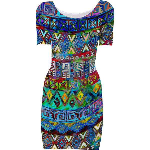 Aztec Aftershock Tribal Bodycon Dress in Green and Blue Aztec Aftershock Tribal Bodycon Dress in Green and Blue