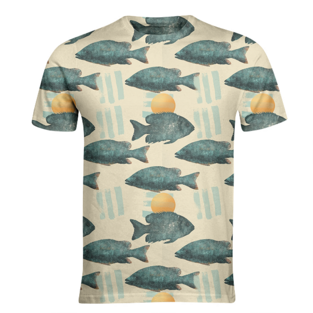 Teal Fish and Orange Sun Fabric Pattern - Rustic Marine Design for Apparel and Home Decor