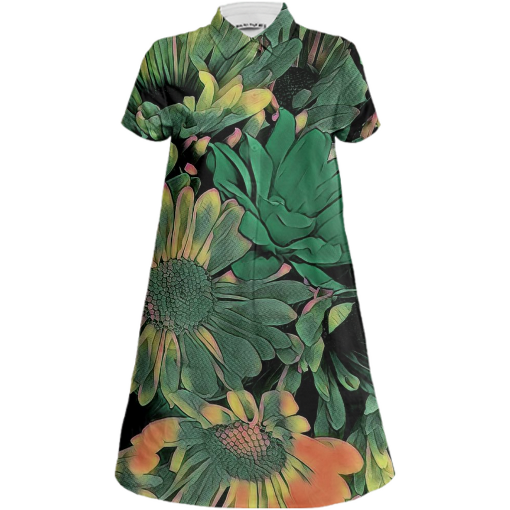 Green Blossoms Mini Shirt Dress