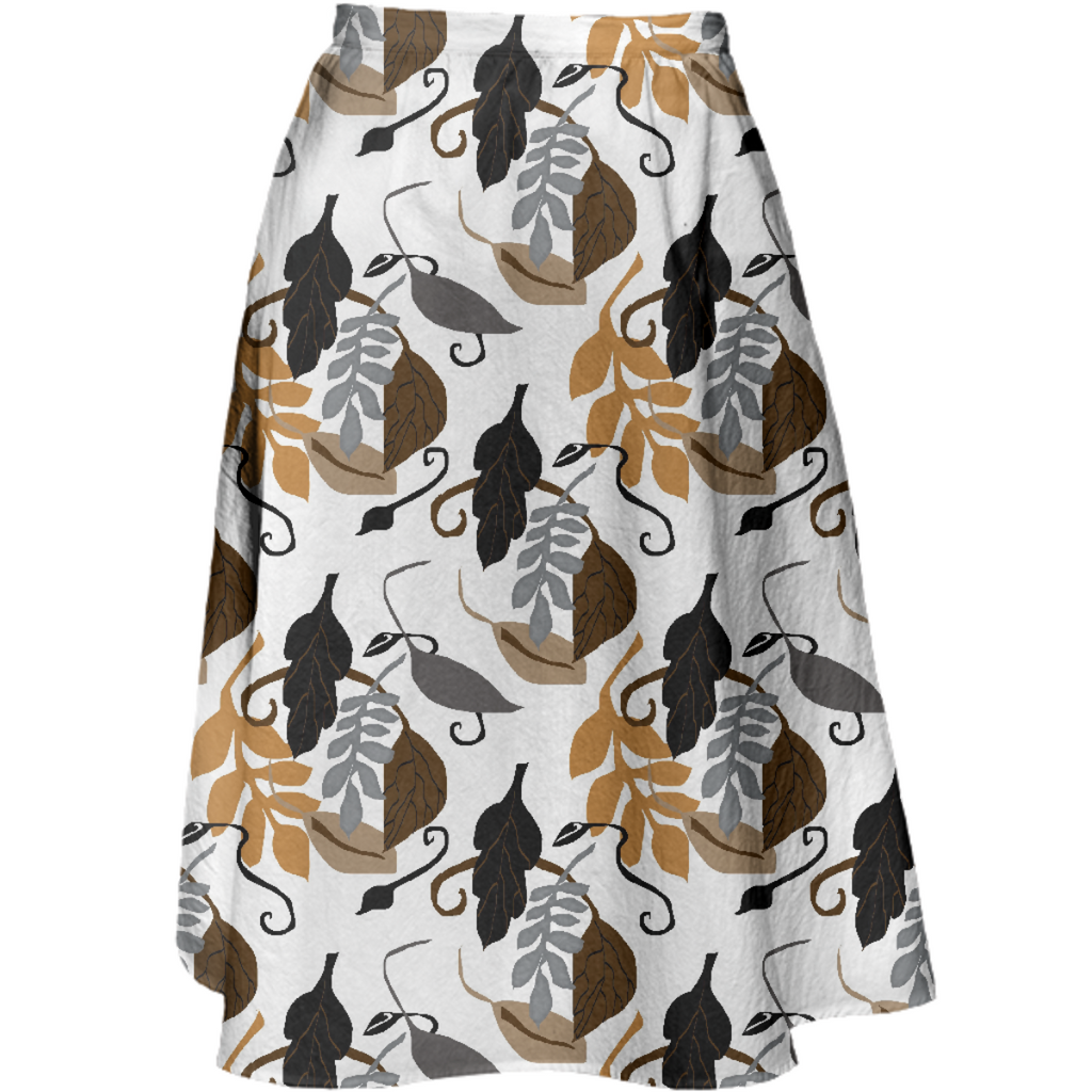 Gray Brown Black Neutral Leaves Midi Skirt