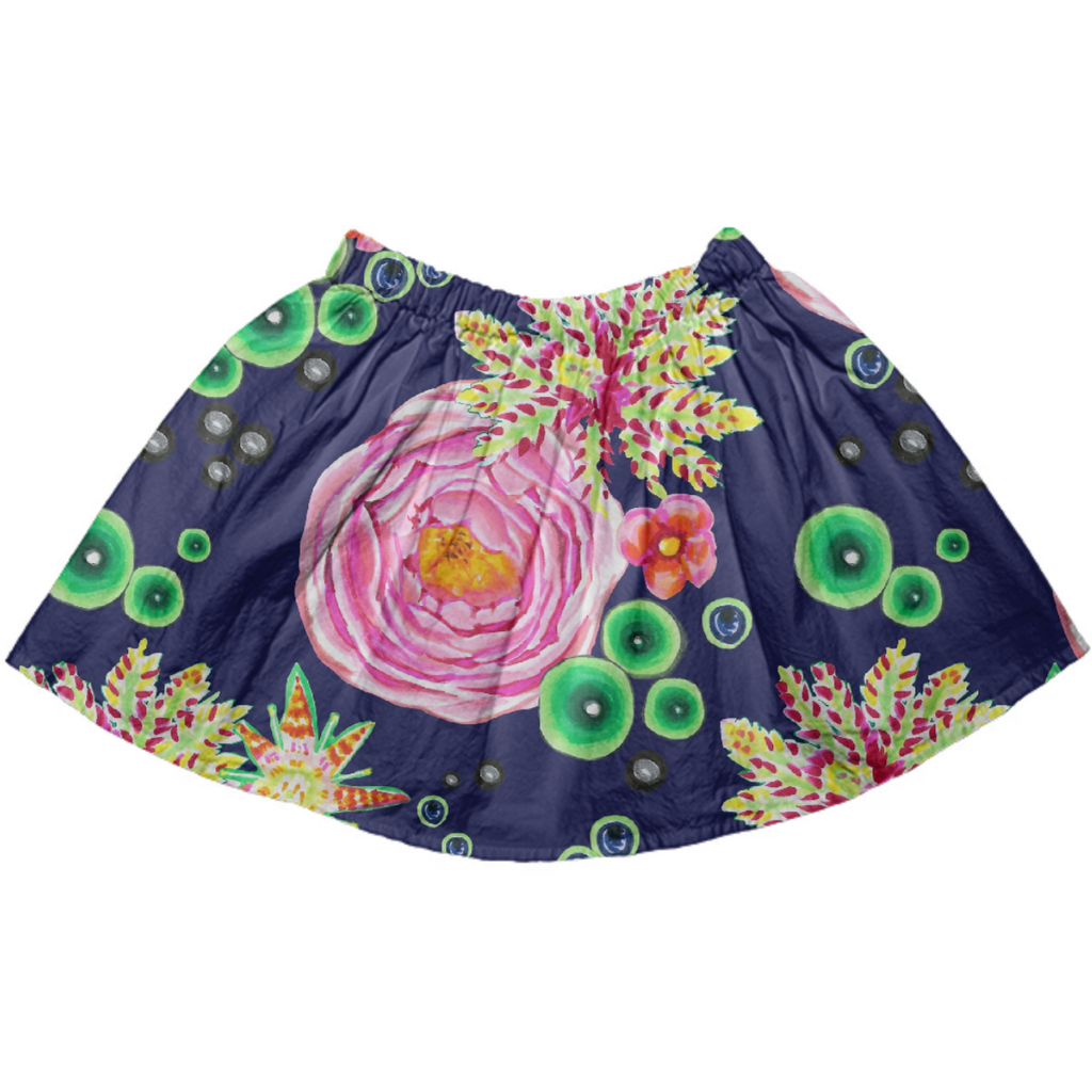 Tropical and pink rose floral with neon green bubbles on navy