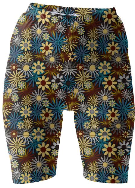 Blue and Silver Daisies on Brown Bike Shorts