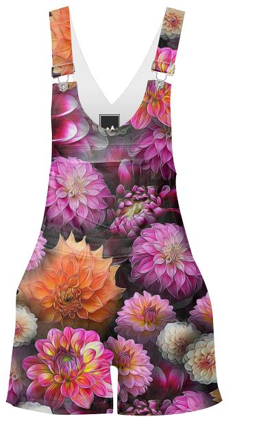 Pink Dahlias Collage Overall Shorts