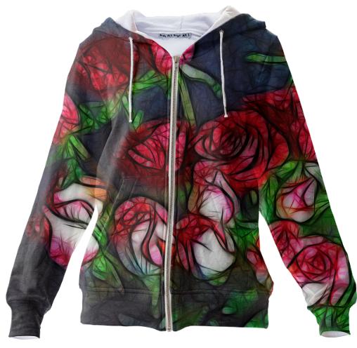 Abstract Red and White Roses Zip Hoodie