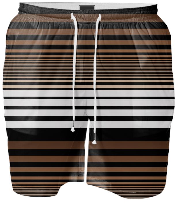 Radiating Brown Tan Black Whiye Horizontal Striped Men s Swim Shorts
