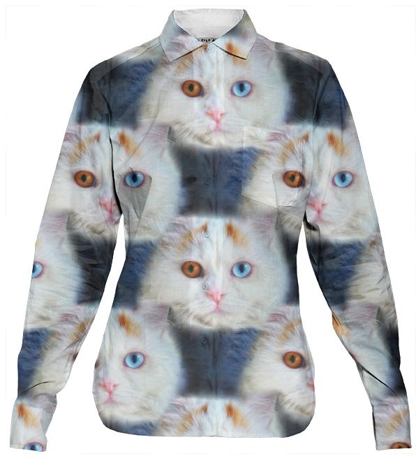 Odd Eyed White Persian Cat Women s Buttoned Shirt