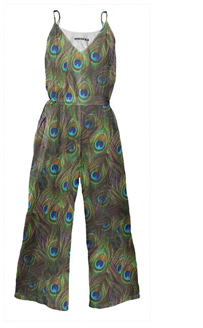 Peacock Feathers Invasion Tie Waist Jumpsuit