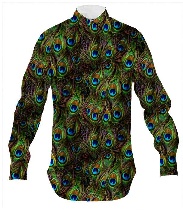 peacock dress shirt Peacock Feathers Print Long Sleeve Dress Shirt BLUE LG / BLUE