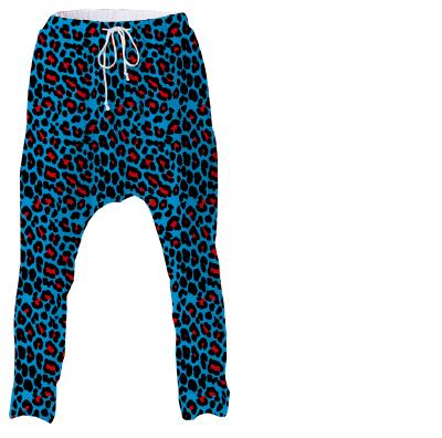 Contemporary abstract take on a traditional leopard print in bright blue and red