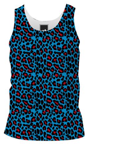 Contemporary abstract take on a traditional leopard print in bright blue and red