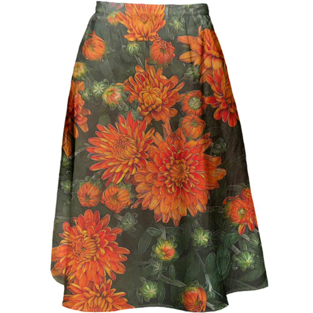 Orange Fall Mums Midi Skirt