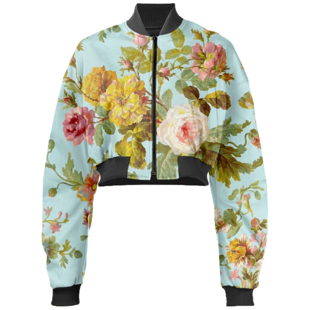 rose carnation flower bouquet blue vintage wallpaper floral pattern Gabriel Held cropped bomber jacket