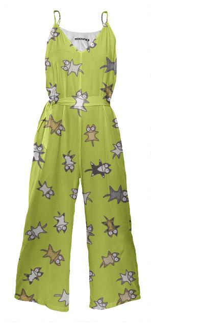 Lots of Cats Yellow green Tie Waist Jumpsuit