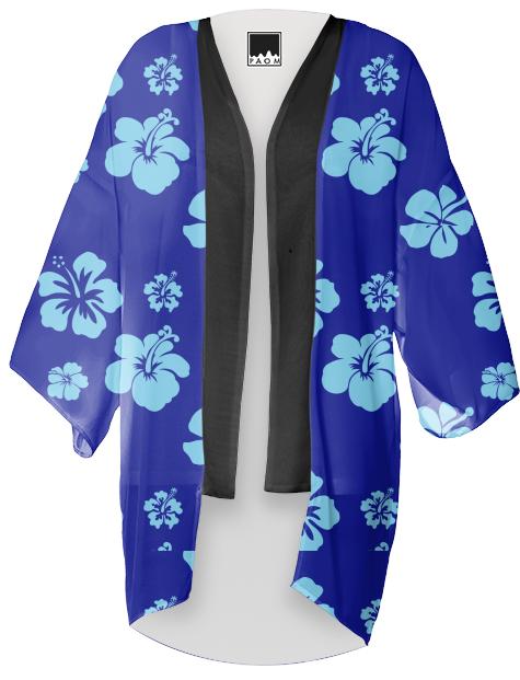 Deep Blue and Aqua Hibiscus Pattern Kimono