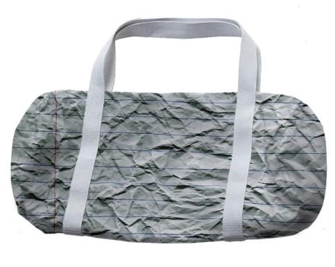 Crumpled up piece of notebook paper duffle bag