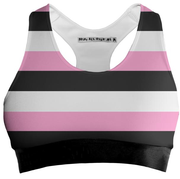 Black pink and white stripes sports bra