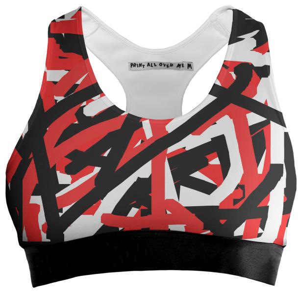 Black red and white graffiti art sports bra