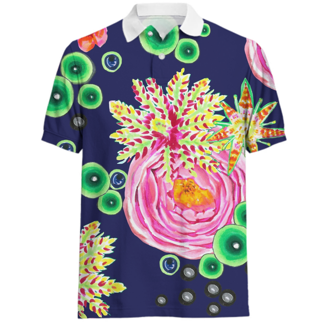 Hand drawn pink rose floral with neon green bubbles on navy