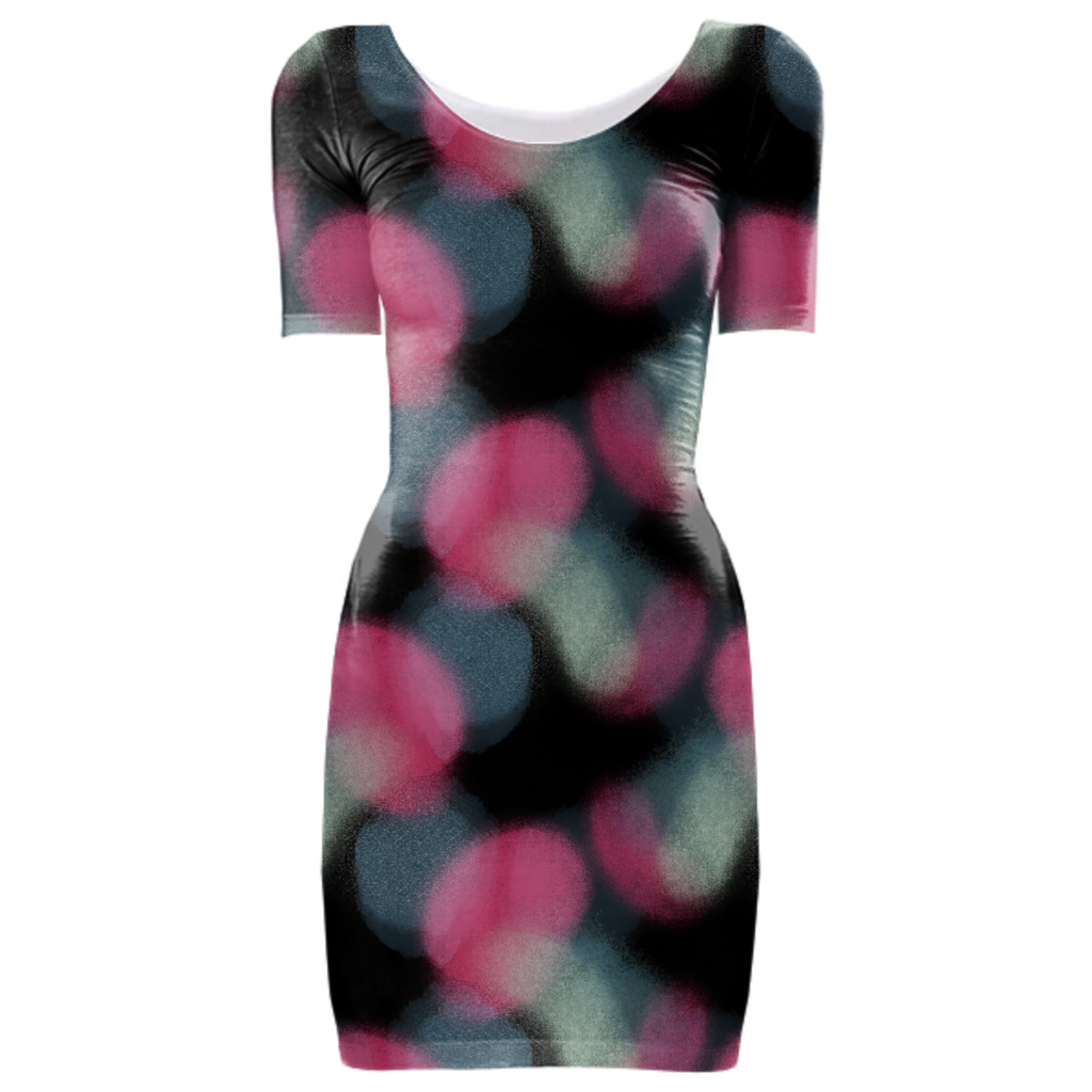 Night on the town, black dress with pastel color swirls.