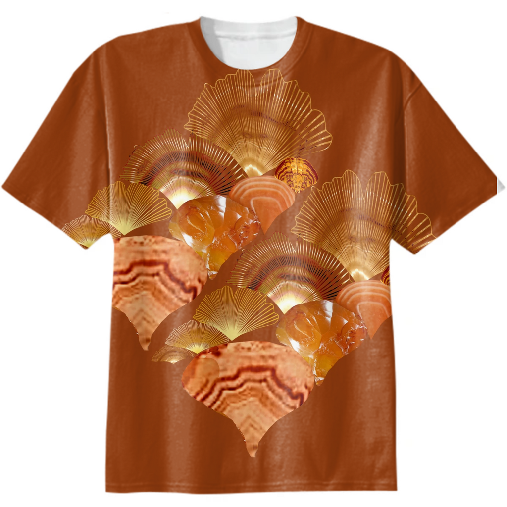 golden ornament, carnelian, mushrooms, fan leaves, diagonal, chocolate background