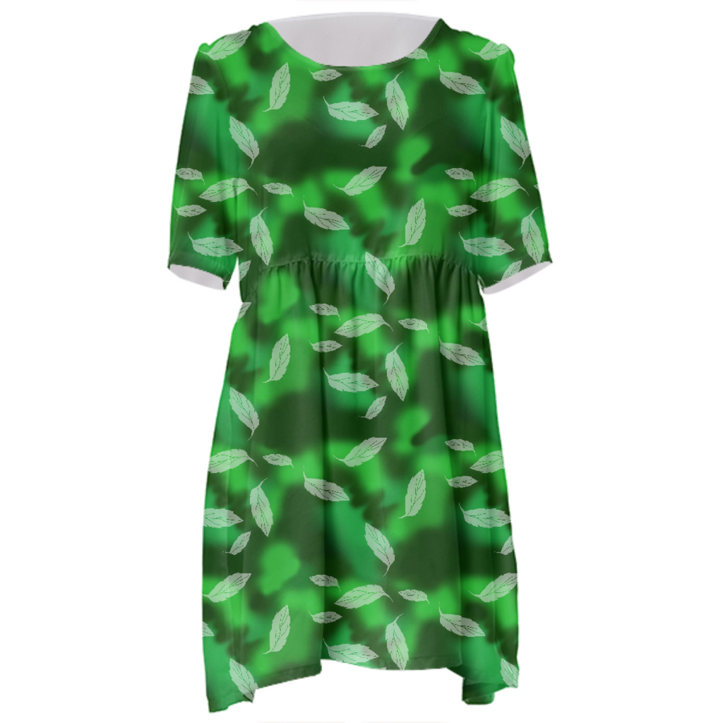 Green Leaves Pattern Babydoll Dress