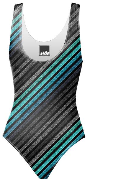 80s Striped Swimsuit Teal Gray