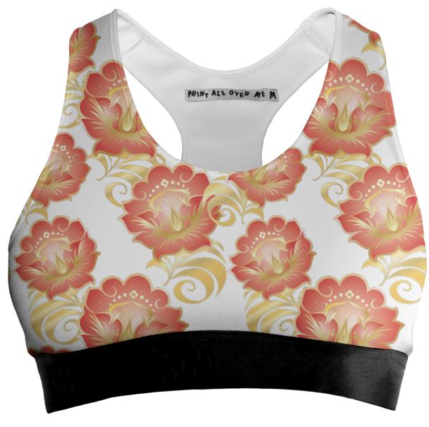 Large Abstract Flowers in Chinese Red Gold Sports Bra