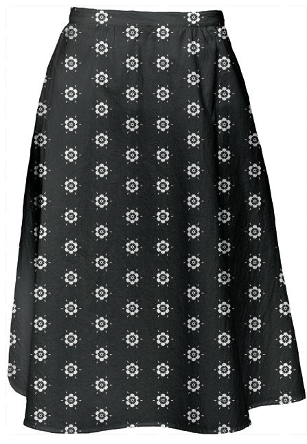 White Geometric Flower on Black Midi Skirt