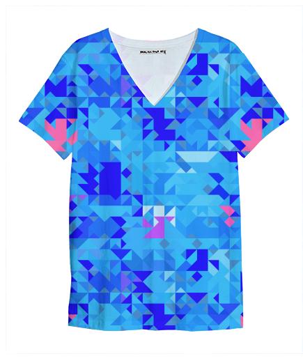 Blue and Pink Geometric Pattern V Neck Shirt