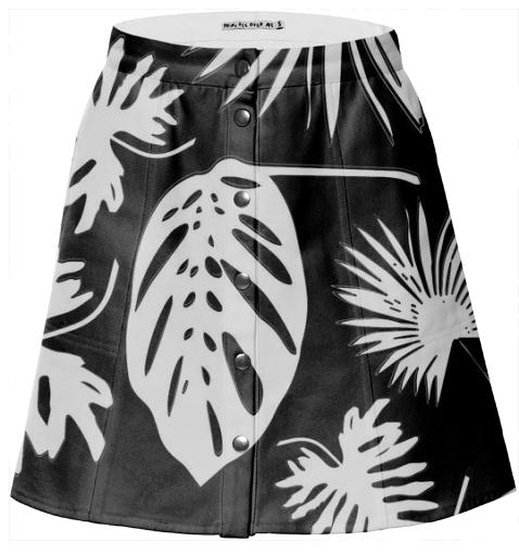 Tropical Leaves White on Black Mini Skirt