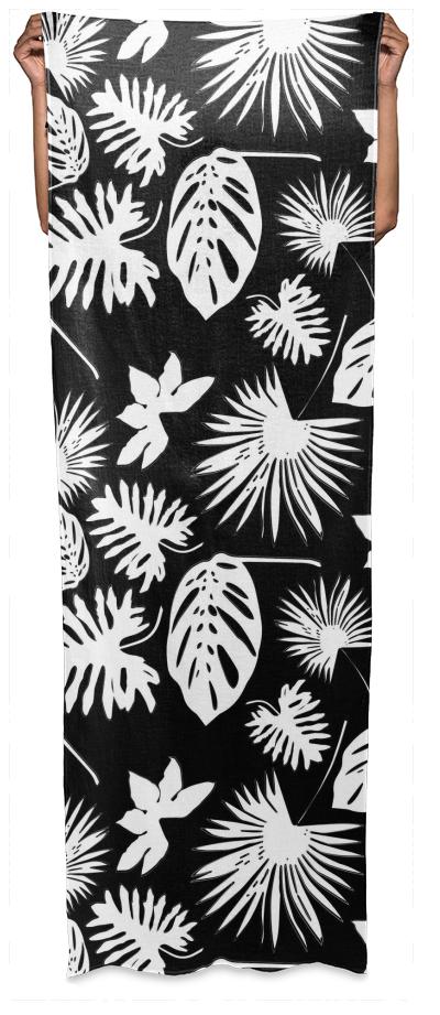 Tropical Leaves White on Black Wrap Scarf