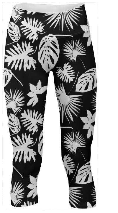 Tropical Leaves White on Black Yoga Pants