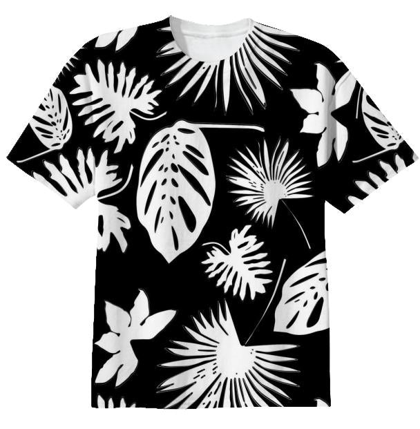 Tropical Leaves White on Black T Shirt
