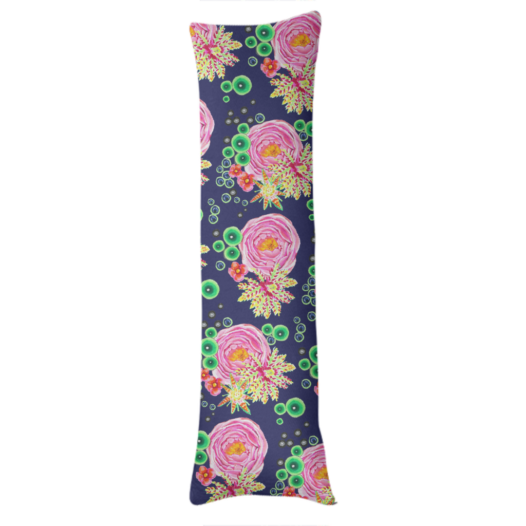 Hand drawn pink rose floral with neon green bubbles on navy