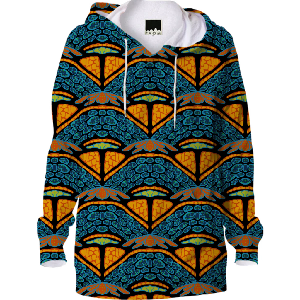 Not your everyday snake skin. Vibrant orange and blue on black background.