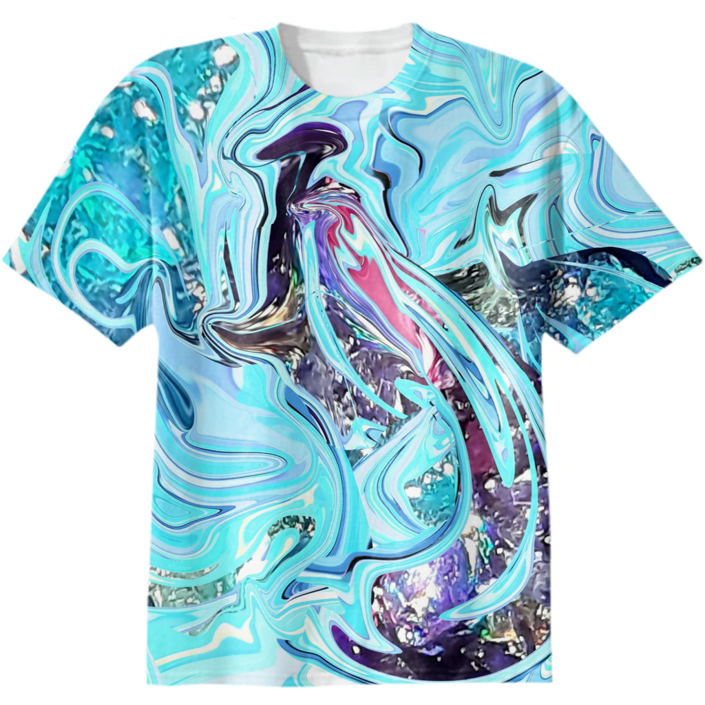 Abstract, blue ,geode print, agate, waves, stripes, birds, cut stone