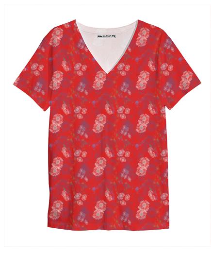 Floral Red V Neck Tshirt