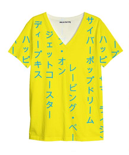 Summer Rising Katakana Yellow Blue V Neck Shirt