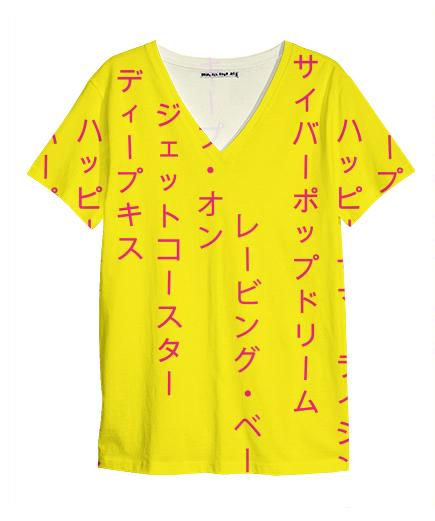 Summer Rising Katakana Yellow Pink V Neck Shirt