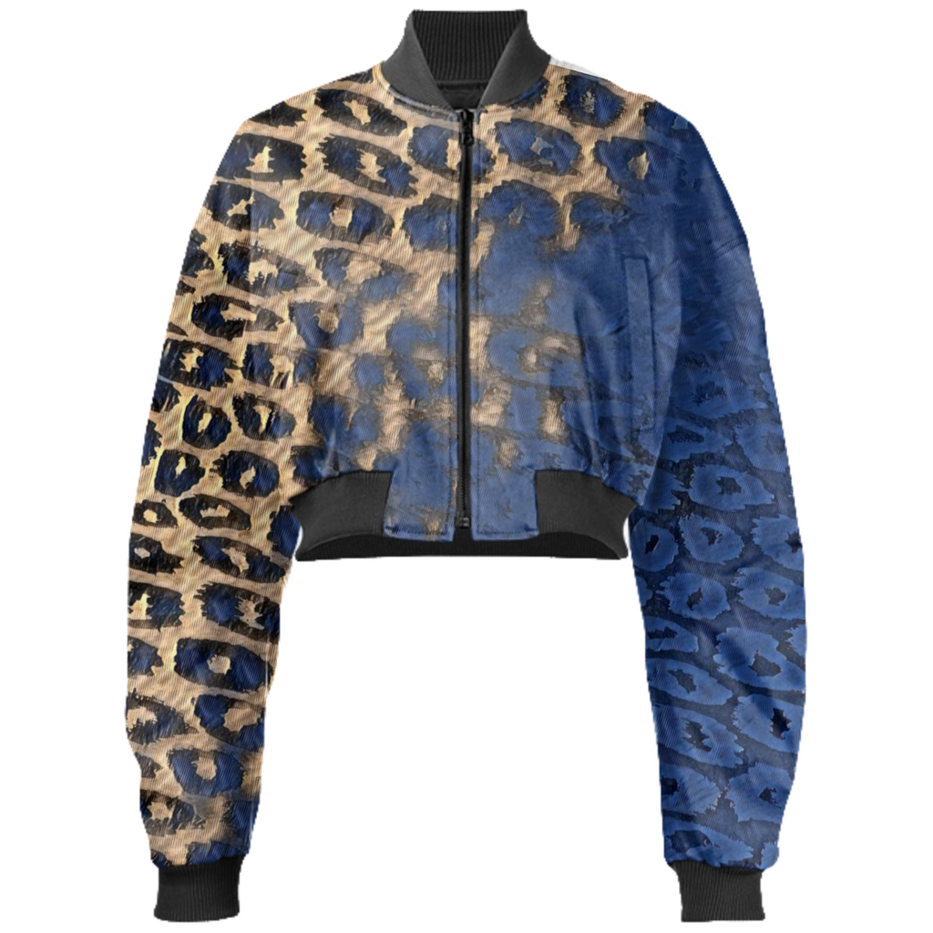 Blue Cheetah Cropped Bomber Jacket