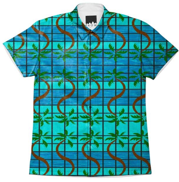 Short Sleeve Ocean Palm Tree Grid Workshirt
