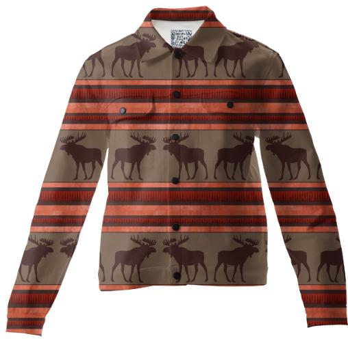 Rustic red brown moose pattern twill jacket