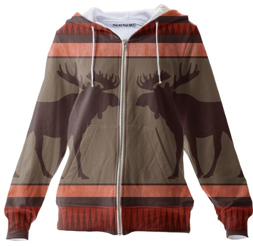 Rustic red brown moose pattern zip hoodie
