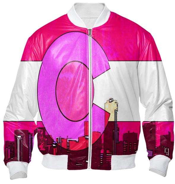 Bright pink Denver Colorado skyline bomber jacket