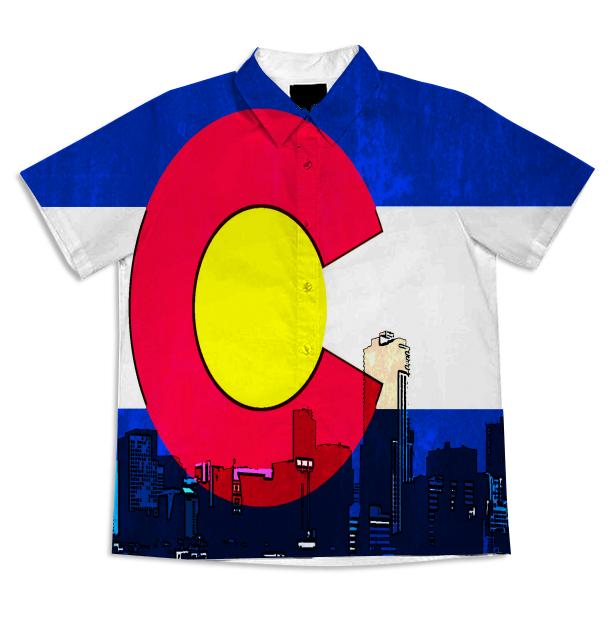 Bright Denver Colorado skyline flag button shirt