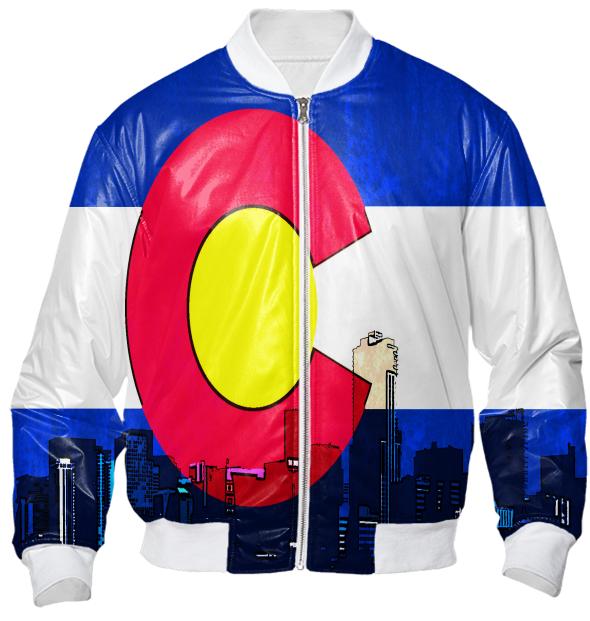 Bright Denver Colorado skyline flag bomber jacket