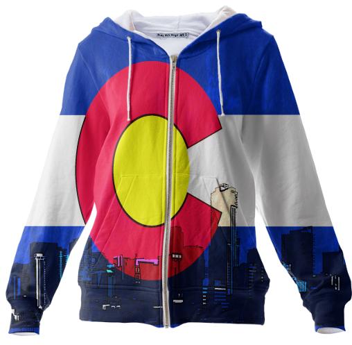 Bright Denver Colorado skyline flag zip hoodie